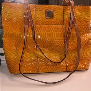 Dooney & Bourke Shiny Orange Patent Tote with Brown Trim